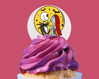 50 Edible Toppers - Jack and Sally Cupcake toppers for cakes - Decoration Edible Decorations -  Night before Christmas cake wafer garnish