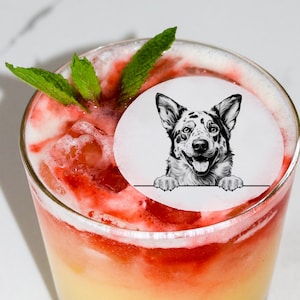 May include: A glass of pink and orange layered drink with a white sticker on top. The sticker features a black and white illustration of a dog with a spotted coat, looking up and smiling.