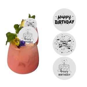 50 Edible Garnish Toppers - Happy Birthday Set Pack - 2 inch Cocktail Accessories and Bar Supplies - Decor Kit Gifts For Beverages