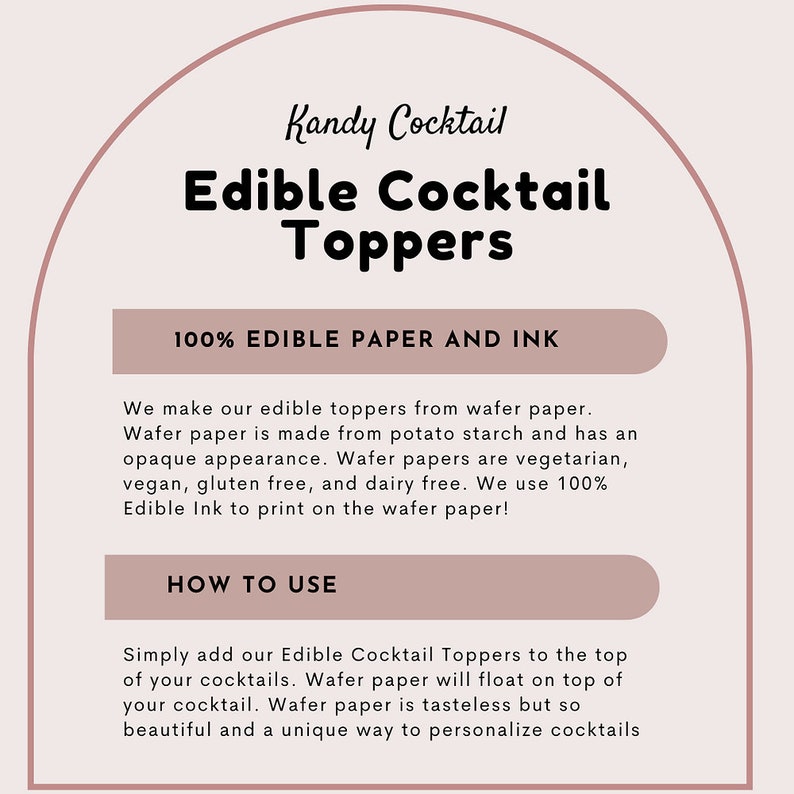 Pode incluir: Gr&aacute;fico rosa e branco com o texto "Kandy Cocktail Edible Cocktail Toppers" e "100% EDIBLE PAPER AND INK". O texto descreve toppers comest&iacute;veis feitos de papel de wafer que s&atilde;o vegetarianos, veganos, sem gl&uacute;ten e sem latic&iacute;nios. O texto tamb&eacute;m explica como usar os toppers.