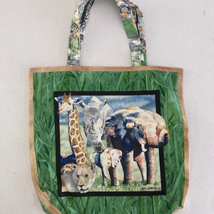 Handmade Safari Animals Tote Bag: Vintage Cotton Green Bag