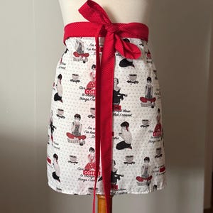 Retro Apron 1950s Ladies Black Red White Half Apron Extra Long Ties Saturday Evening Post Thankful for Coffee