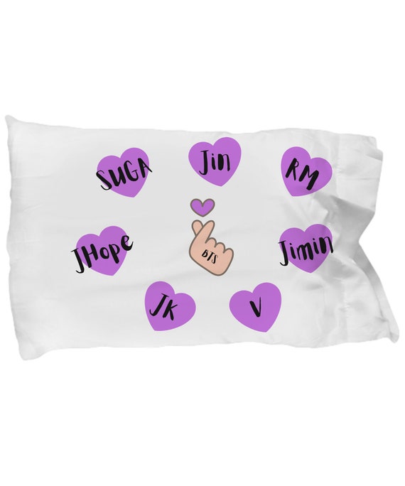 BTS Pillowcase, Korean finger heart, pillowcase, kpop, cute kpop, purple,  suga, jimin, jungkook, rm, jhope, v, jin, BTS, OT7, BTS merch