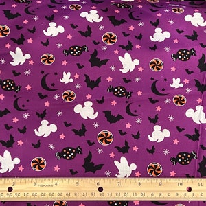 Disney Halloween Fabric. Mickey Halloween Fabric, Halloween Fabric, Bats, Moons, PURPLE background,  Cotton, Sold in FQ, 1/2 Yard, Yard.
