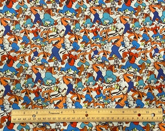 May include: A white fabric with a repeating pattern of cartoon Goofy characters in various poses. Goofy is wearing a blue shirt, orange pants, and a yellow hat. The fabric is perfect for quilting, crafts, and other sewing projects.