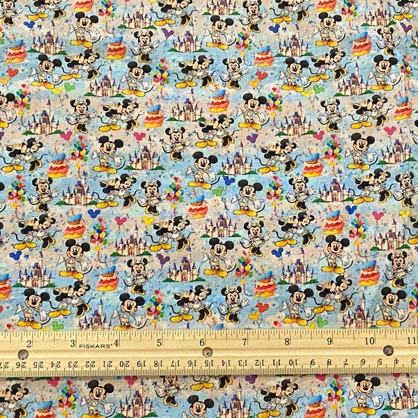 Disney Fabric, Mickey Fabric, BIRTHDAY CELEBRATION background, FQ, 1/2 yard, Yard, 100% cotton ** Small scale print** Please see ruler!
