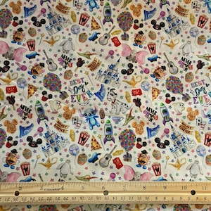 May include: White fabric with a repeating pattern of colorful Disney characters and icons. The pattern includes Mickey Mouse, Stitch, the Genie from Aladdin, and the characters from Up. The fabric also features text that says "Never Grow Up", "Best Day Ever", and "Mickey Forever".
