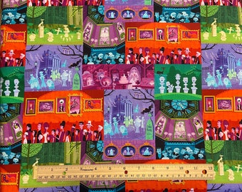 Haunted Mansion Fabric, COLORFUL, Stretching Portraits, Disney Ghost Bride, Madame Leota, Remnant 36L x 10W, FQ 18L x 22W, Yard 36L x 44W