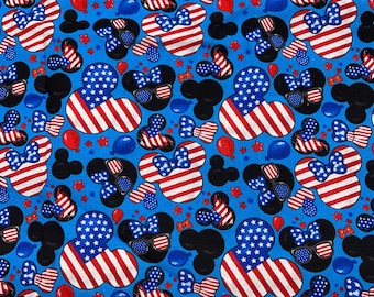Mickey USA Fabric, Mickey Red white Blue Fabric, 100% cotton, Minnie Mouse Fabric, Yard 36L x 44W, FQ 18L x 22W, Remnant 10W X 36L