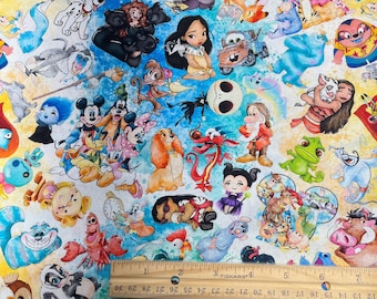 Disney Fabric, Genie, Sally, Stitch, Grumpy, Bambi, Cars, Mickey, Goofy, Disney Characters, Cotton, Fat Quarter 18" x 22", Remnant 36" x 10"
