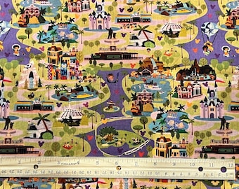 Disney Fabric, Mickey Fabric, DISNEY WORLD MAP Fabric, Yard 36" x 44", Remnant 36" x 10" , Fat Quarter 18" x 22", 100% cotton