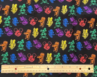 Disney Fabric, Mickey NEON HEADS Fabric, Mickey Fabric, Black Background, Fat Quarter Fabric, Cotton.