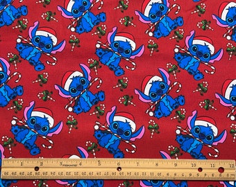 Disney Christmas Fabric, Stitch Christmas fabric, 100% cotton, Stitch Fabric, Yard 36" x 44", Fat Quarter 18" x 22", Remnant 36" x 10"