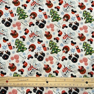 Christmas Mickey Fabric, Mickey Snowman Fabric, Disney Christmas Fabric, Cotton, Remnant 36&quot; X 10&quot;, Fat Quarter 18&quot; X 22&quot;
