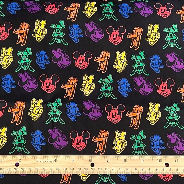 Disney Fabric, Mickey Mouse Fabric, FAB 5 Fabric, Daisy Fabric, BLACK BACKGROUND. Fat Quarter Fabric, Cotton, Donald Duck, Fabric