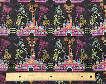 Mickey Fabric, Disney Land Fabric, SUGAR SKULL CASTLE, 100% Cotton, Yard 36" x 44", Fat Quarter 18" x 22"