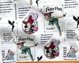 Peter Pan Fabric, Tinkerbell Fabric, Captain Hook, Peter Pan Characters, 100% Cotton, Yard 36" X 44"