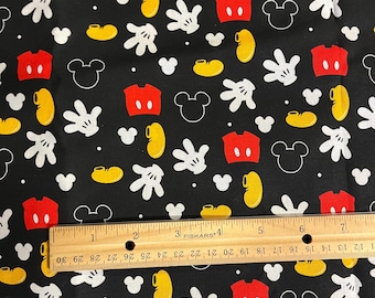 Mickey Fabric, Mickey Pieces of Clothing, **BLACK BACKGROUND!**, 100% Cotton, Yard 36" x 44", Fat Quarter 18"x22", Remnant 36"x10"