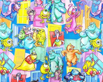 Monsters Inc Fabric, Mike Wazowski, Sully, Pixar Fabric, FQ 18" x 22", Yard 36" x 44", Remnant 36" x 10", 100% cotton, Disney Fabric
