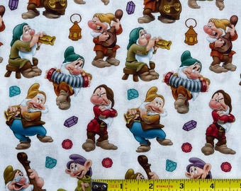 Seven Dwarfs Fabric, Snow White Fabric,  Disney Fabric, Quilting Cotton, Fat Quarter 18L  X  22W, Yard 36" x 44", Remnant 36" x 10"