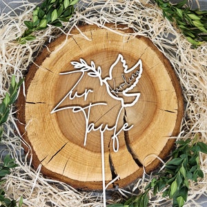 Wooden cake topper &quot;Christening&quot; with dove - personalized - 13 cm x 13 cm