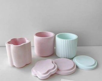 Molde de silicona para caja de almacenamiento de rayas redondas, molde para tarro con tapa, molde con forma de flor, molde para hormigón, molde para yeso, molde para maceta de resina epoxi, bricolaje