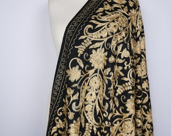 Golden Silk Stitched Floral Embroidery Kashmiri Shawl, Elegant Women's Wrap, Cashmere Wool Scarf, Woollen Stole, Ladies Gift, Scarf, Shawl