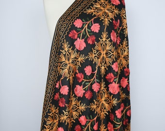 Cashmere Scarf Woollen, Floral Embroidered Shawl, Kashmiri Wool Shawl, Elegant Women Wrap, Stole, Scarf, Scarves, Women's Gift, Black Wrap
