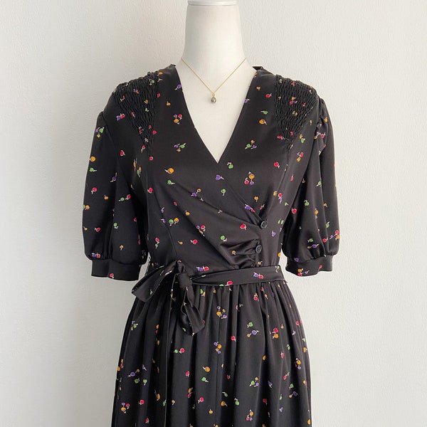 Robe midi vintage 80s noire imprimé floral pour femme taille 38 / 40