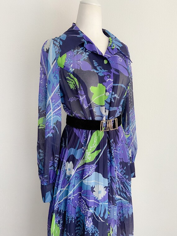 Robe Maxi Vintage Années 70 - Taille 8, Imprimé Floral Bleu Vibrant - Longueur 140 Cm