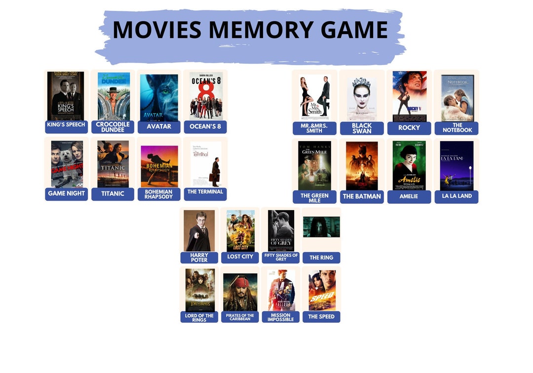 Movies Memory Game, Printable Party Game, Matching Memory Game, Movie ...
