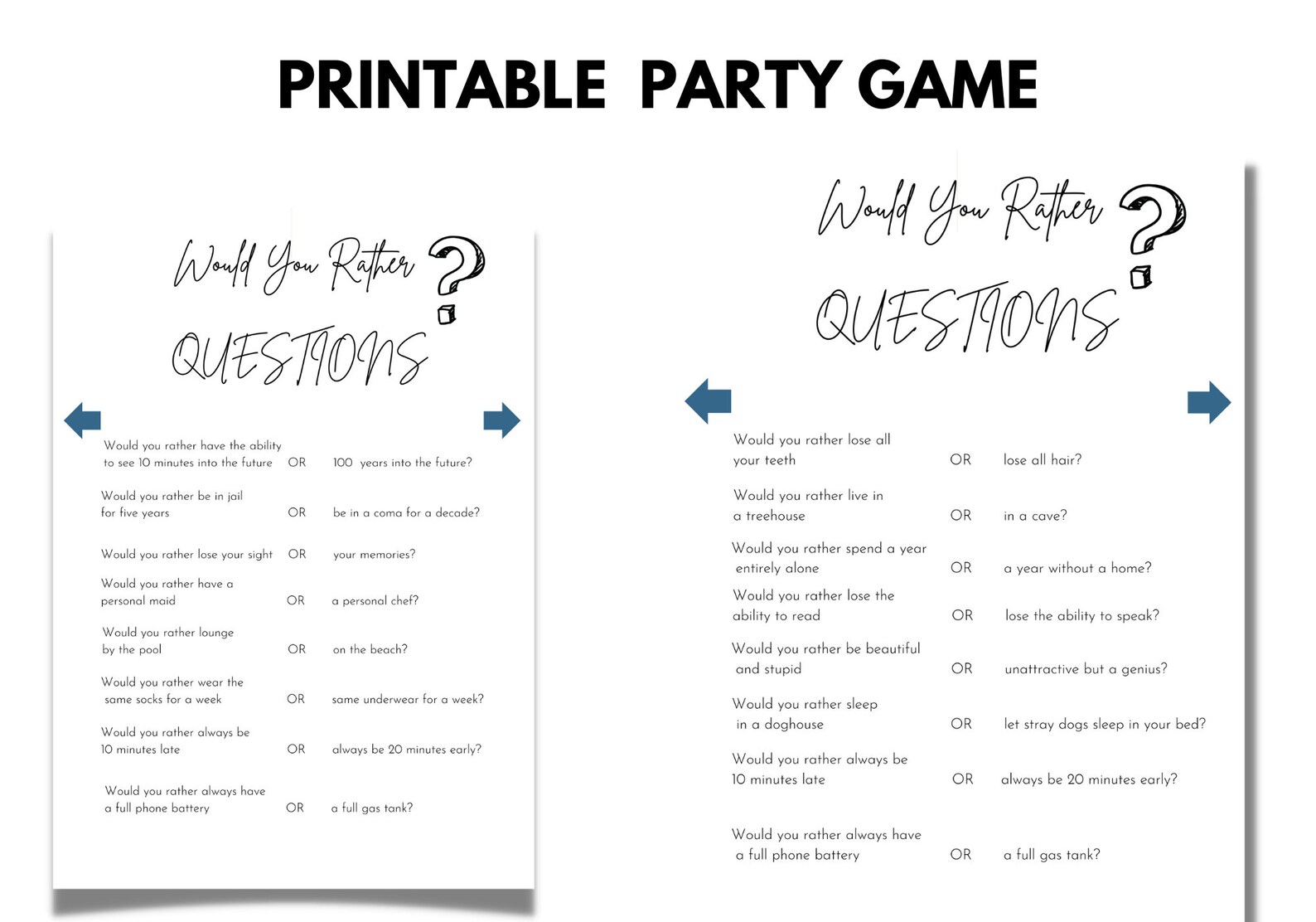 Printable Party Game, Would You Rather Questions, Questions Game