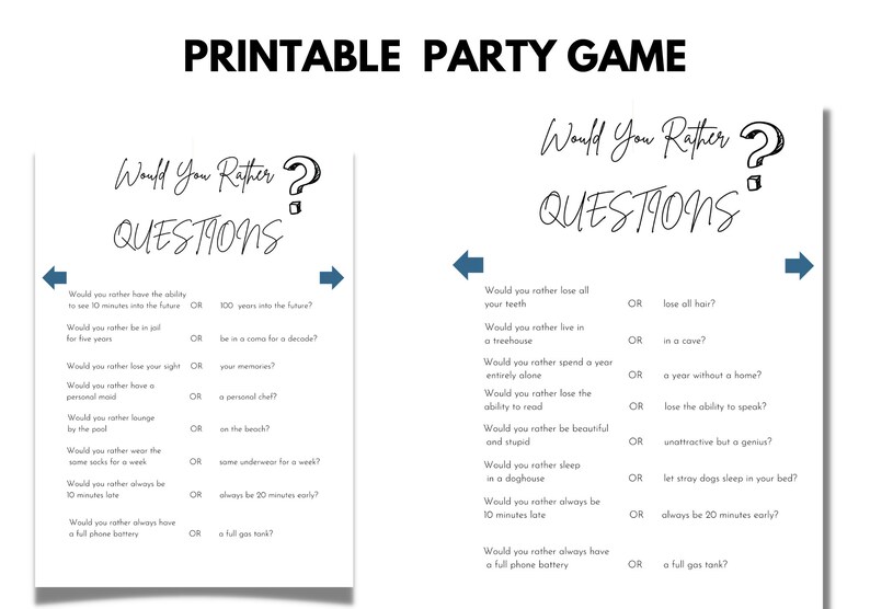Printable Party Game, Would You Rather Questions, Questions Game