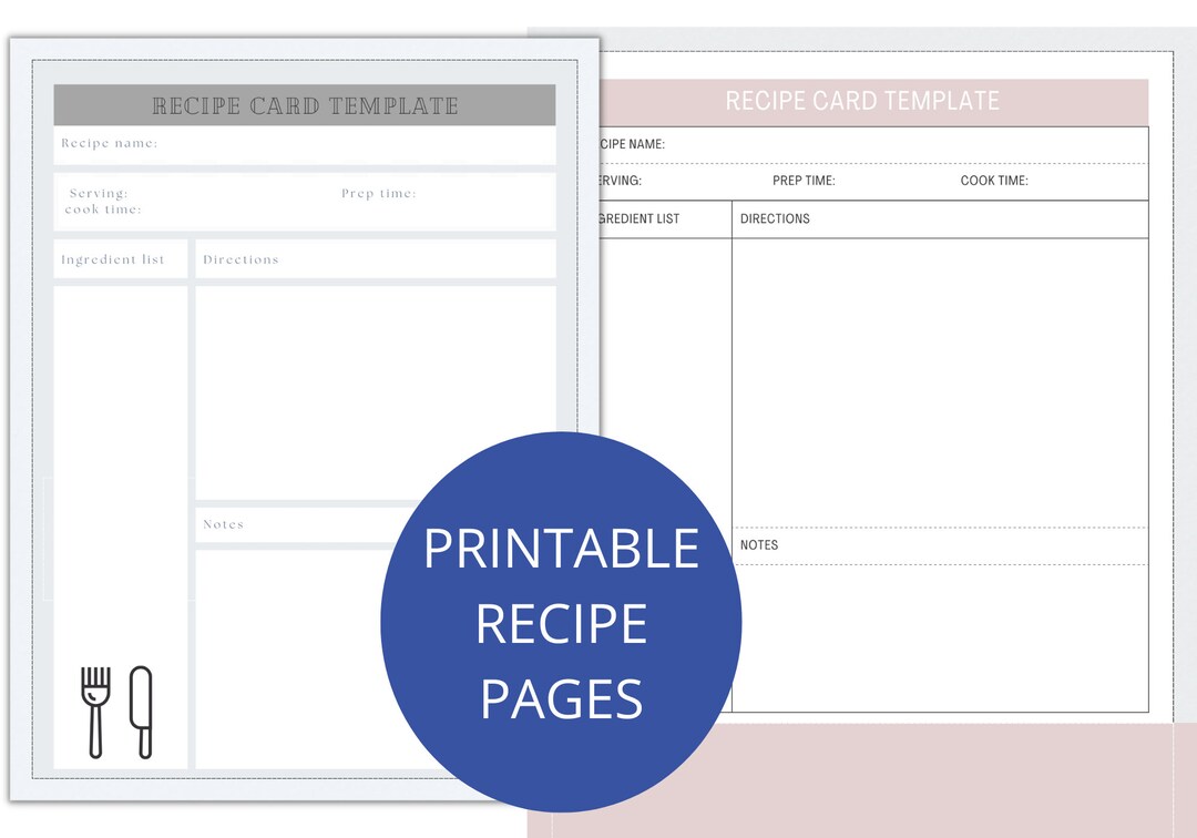Printable Recipe Templates, Recipe Book Pages, Blank Recipe Sheet, Meal