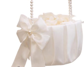 Personalised Flower Girl Basket: Ivory Satin, Pearl Handle, Wedding Favor