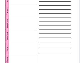 May include: A printable weekly meal planner with a blank space for each day of the week, Monday through Sunday, and a section for a shopping list.