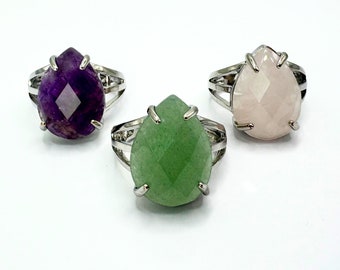 Natural Gemstone Teardrop Adjustable Ring. Crystal Ring. Gemstone Ring. Healing Crystals. Gift for Her.