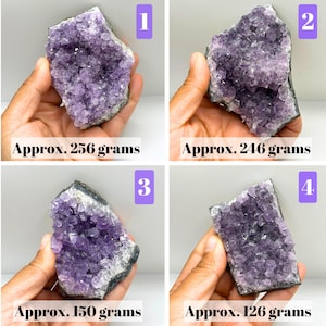 May include: Four amethyst crystal clusters labeled 1 through 4. Cluster 1 weighs approx. 256 grams, cluster 2 weighs approx. 246 grams, cluster 3 weighs approx. 150 grams, and cluster 4 weighs approx. 126 grams. Each piece has purple crystals.