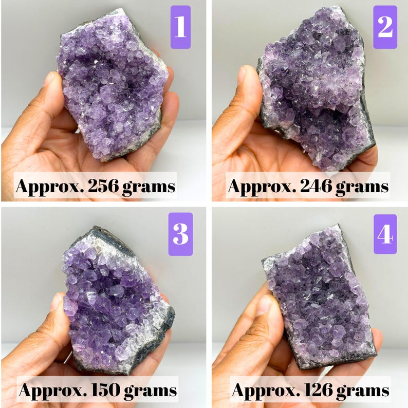 May include: Four amethyst crystal clusters labeled 1 through 4. Cluster 1 weighs approx. 256 grams, cluster 2 weighs approx. 246 grams, cluster 3 weighs approx. 150 grams, and cluster 4 weighs approx. 126 grams. Each piece has purple crystals.