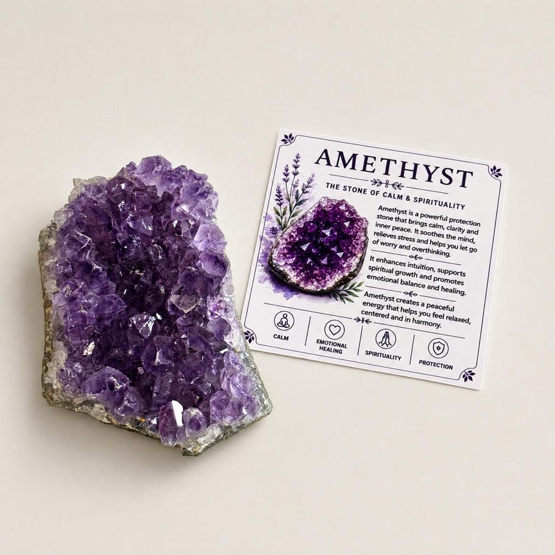May include: A raw, deep purple amethyst crystal cluster next to a square white information card. The card features the text AMETHYST, THE STONE OF CALM & SPIRITUALITY, along with a small image of the crystal and icons for calm, healing, spirituality, and protection.