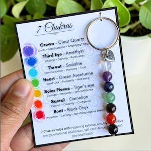 May include: A card detailing the 7 Chakras, each linked to a gemstone. A keychain with a heart charm and seven coloured gemstone beads is attached. The card lists the properties of each chakra.