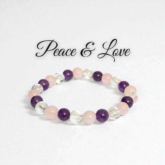 Peace & Love Crystal Bracelet: Amethyst, Rose Quartz and Clear Quartz