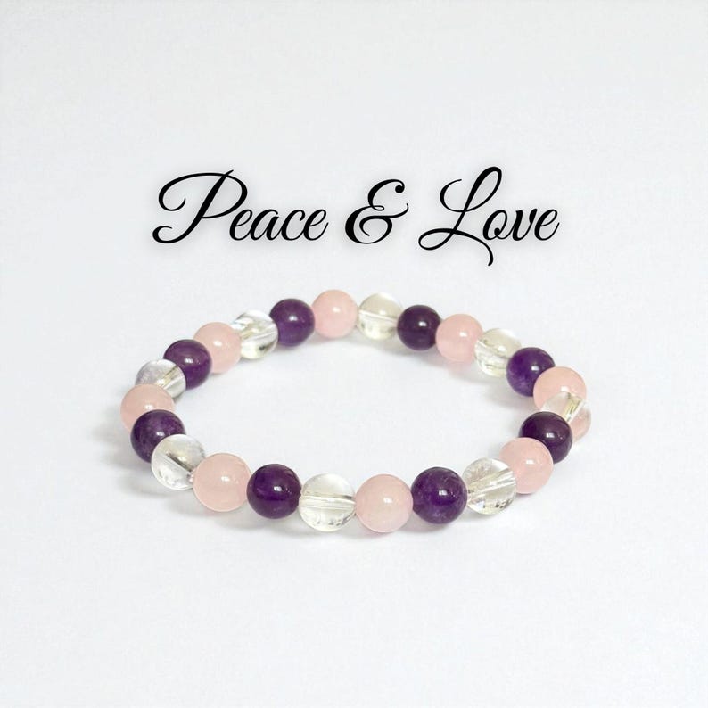 Peace & Love Crystal Bracelet: Amethyst, Rose Quartz and Clear Quartz image 2