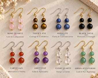 May include: Eight pairs of dangle earrings featuring two round gemstone beads each, suspended from metal hooks. The stones include rose quartz, tiger's eye, sodalite, black onyx, carnelian, amethyst, clear quartz, and green aventurine with labels.