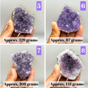 May include: Four amethyst crystal clusters labeled 5, 6, 7, and 8. Cluster 5 weighs 129 grams, cluster 6 weighs 87 grams, cluster 7 weighs 108 grams, and cluster 8 weighs 141 grams. Each piece features deep purple, jagged crystal formations.