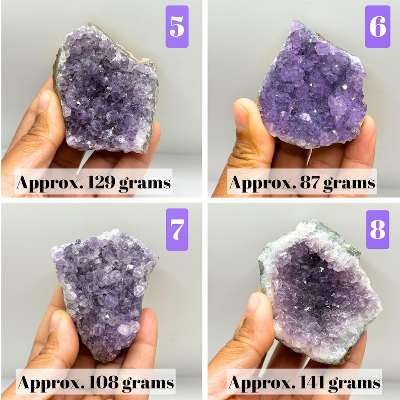 May include: Four amethyst crystal clusters labeled 5, 6, 7, and 8. Cluster 5 weighs 129 grams, cluster 6 weighs 87 grams, cluster 7 weighs 108 grams, and cluster 8 weighs 141 grams. Each piece features deep purple, jagged crystal formations.