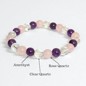 Peace & Love Crystal Bracelet: Amethyst, Rose Quartz and Clear Quartz image 1
