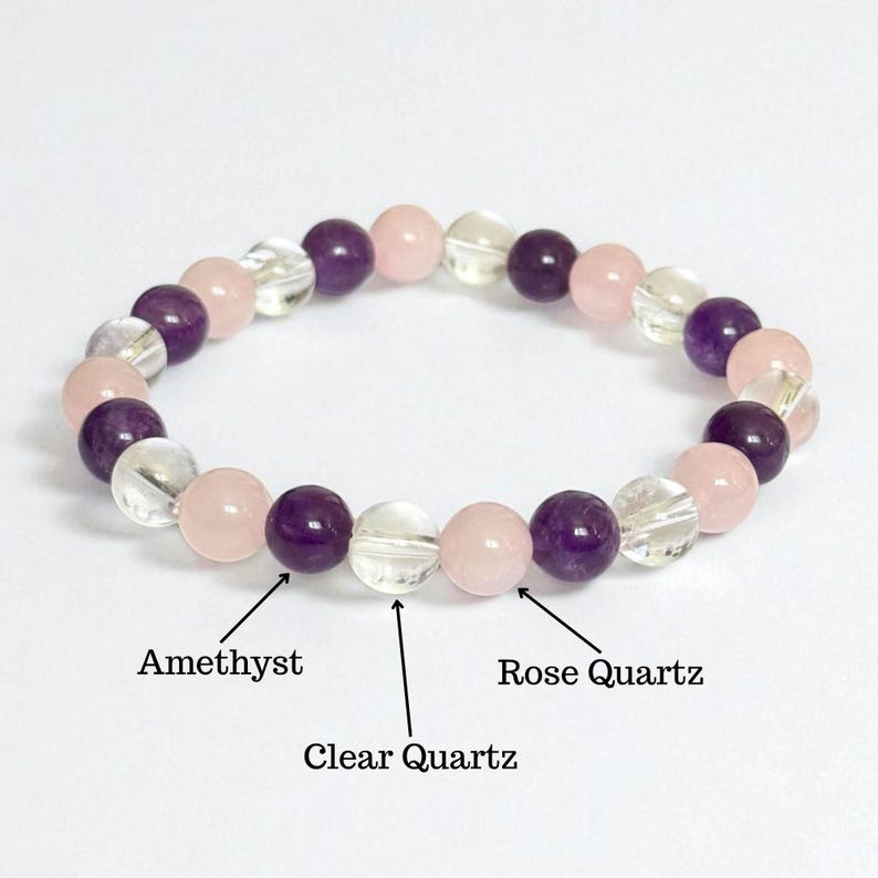 Peace & Love Crystal Bracelet: Amethyst, Rose Quartz and Clear Quartz image 1