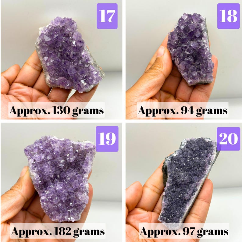 May include: Four amethyst crystal clusters labeled 17, 18, 19, and 20. The purple mineral specimens have weights of approximately 130 grams, 94 grams, 182 grams, and 97 grams respectively, as indicated by the text printed on each image section.