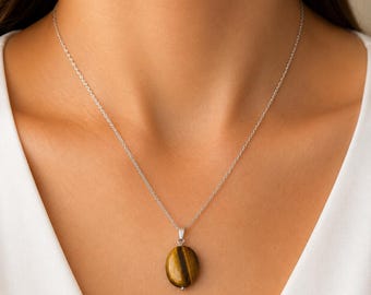 Natural Tiger Eye Oval Pendant Necklace | Courage Protection Stone